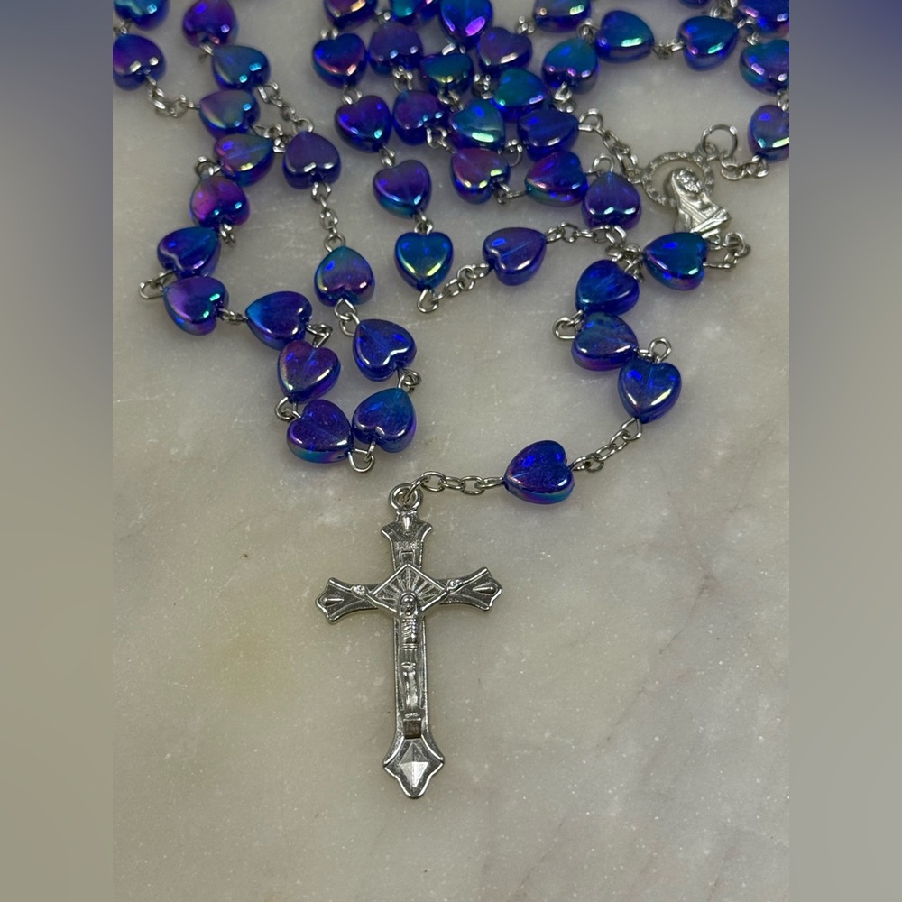 Pruple Heart Shaped Beads Rosary Necklace